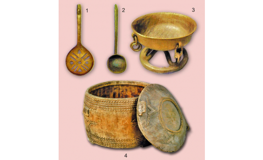 Деревянная утварь: 1 — дуршлаг; 2 — половник; 3 — ваза для мёда; 4 — сосуд для кумыса (тэпэн) Wooden utensils: 1 — a colander; 2 — a ladle; 3 — a jar for honey; 4 — a vessel for kumys (tepen)