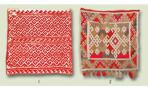 Тастар: 1 — вышитый гладью; 2 — вышитый цветной перевитью Tastar: 1 — embroidered satin; 2 — embroidered with colored wrap