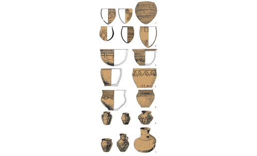 Керамика: 1 — неолита; 2 — энеолита; 3 — абашевской культуры; 4 — срубной культуры; 5 — межовской культуры; 6 — савроматской культуры; 7 — сарматской культуры