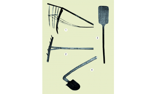Сельскохозяйственные орудия латышей: 1 – коса с грабельками; 2, 3 – деревянные грабли и лопата; 4 – лопата для пластования (нарезки) дёрна