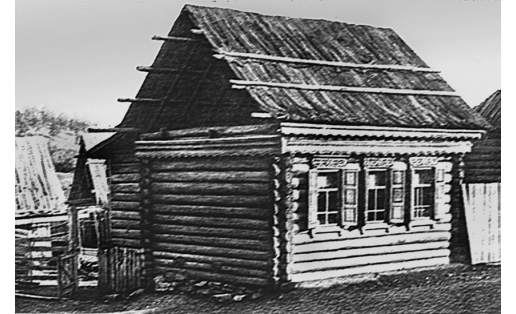 Дом с 2-скатной крышей из коры. Село Кулгунино Ишимбайского р‑на, 1958 A house with a two-pitched bark roof. Selo Kulgunino, Ishimbaysky Raion, 1958