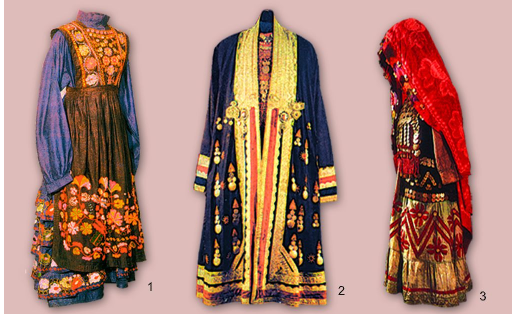 Башкирский костюм: 1 — северо-восточный; 2 — юго-восточный; 3 — восточный (зауральский) комплексы Bashkir costume sets: 1 —. northeast; 2 — southeast; 3 — eastern (Trans-Ural)