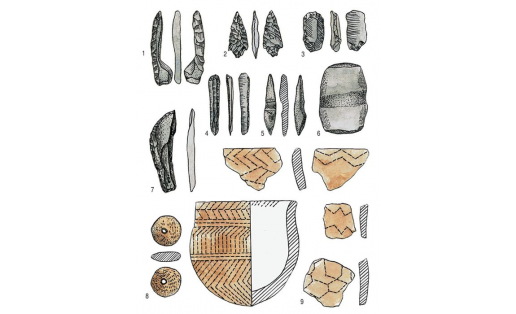 Материалы поселения Банное Vа: каменные — топор (1), наконечник (2), скребки (3, 4), “утюжки” (5), молот (6), нож (7), глиняные — пряслице (8), фрагменты сосудов (9)