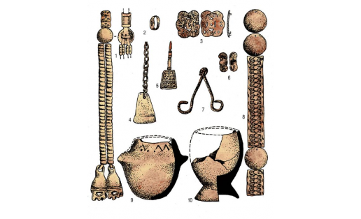 Материалы Биктимировского археологического комплекса: бронзовые — подвески (1, 4, 5), бляха (3), поясная накладка (6); глиняные — сосуды (9, 10); железные — перстень (2), удила (7); кожаный пояс с бронзовыми накладками и бляхами (8)