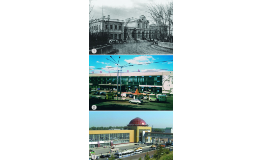 Здание железнодорожного вокзала Уфы: 1 —  1888; 2 — 1995; 3 — 2015.