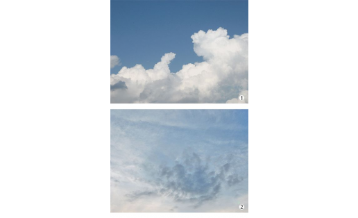 Облака: 1 – кучевые; 2 - перистые