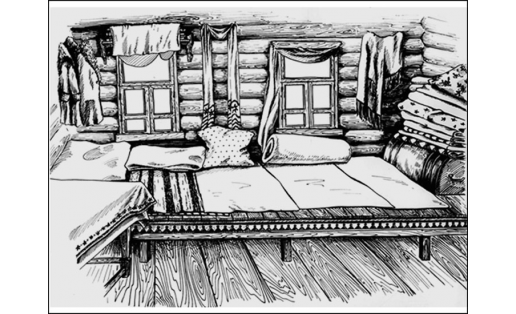 Нары в традиционном интерьере. Юго-восток Башкортостана, 1971 Bunks in a traditional interior. Southeast of Bashkortostan, 1971
