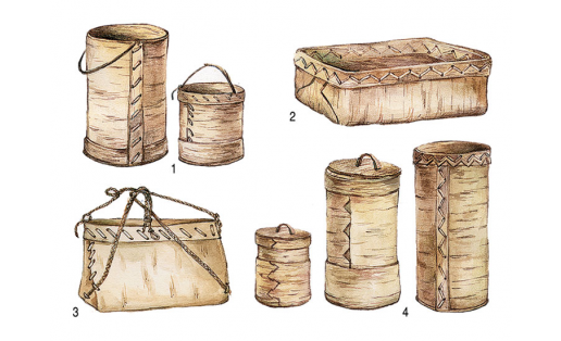 Берестяная утварь: 1 и 4 – туески; 2 – лоток; 3 – короб Birch bark ware: 1 and 4 — tueski; 2 — a tray; 3 — a box
