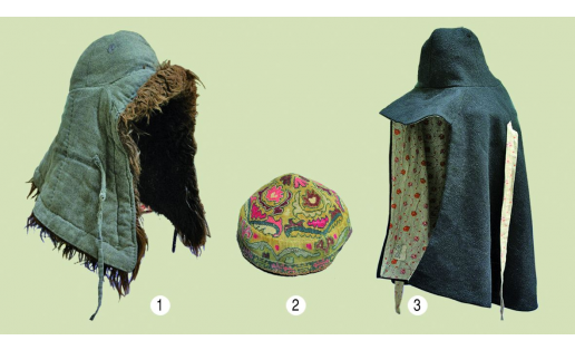 Казахские мужские головные уборы: 1 — меховой малахай; 2 — тюбетейка; 3 — войлочный калпак