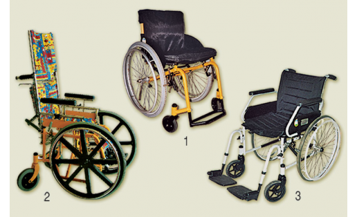 Кресло‑коляскалар: 1 — БК42 (актив типтағы, спорт өсөн);  2 —БК15 (балалар өсөн универсаль);  3 — БК1А (ололар өсөн универсаль)