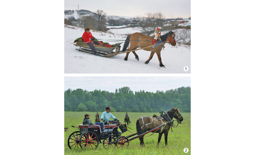 Традиционные средства передвижения: 1 — сани; 2 — тарантас Traditional vehicles: 1 – sleigh; 2 – tarantas