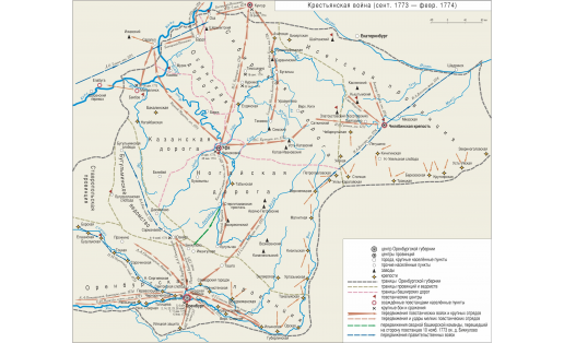 Крестьянская война (сент. 1773—февр. 1774). Карта передвижений и боевых действий
