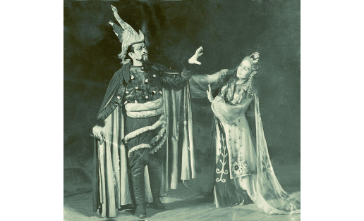 A scene from the Akbuzat opera by Kh.Sh. Zaimov and A.E. Spadavecchia. Bashkir State Opera and Ballet Theatre, 1957. G.S. Khabibullin as Kakhkaha, M.G. Saligaskarova as Nerkes