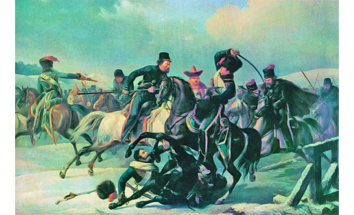 Преследование казаками отступающих французов. Худ. — А.О.Дезарно. 1827 Cossacks pursuing the retreating French. Artist – A.O.Dezerno. 1827