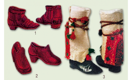 Ката: 1 — глубокие, украшенные метал. бляхами; 2 — низкие на высоком каблуке; 3 — женские с высокими украшенными голенищами