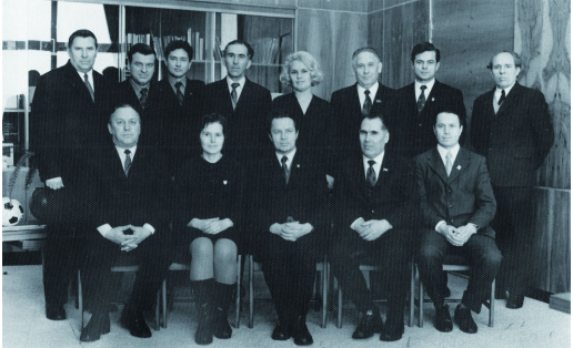 М. З. Шакиров, Т. И. Ахунзянов, Ю. А. Маслобоев, Е. М. Тяжельников на Уфимском прибостроительном заводе. 1974