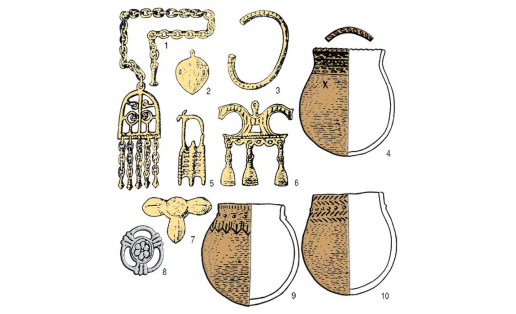 Материалы памятников кара-якуповской культуры: бронзовые — подвески (1, 5, 6), медальон (2), браслет (3), накладка (7); глиняные сосуды (4, 9, 10); серебряная накладка (8)