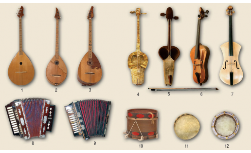Башкирские народные музыкальные инструменты: думбыра (1—3), кыл-кубыз (4—7), гармонь (8, 9), дунгур (10—12)