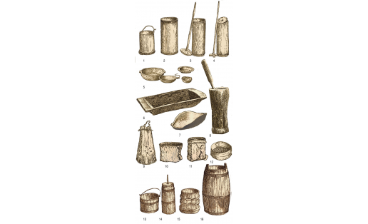 Деревянная утварь: долблёная со вставным дном — ведро (1), кадка (2), сосуд для приготовления кумыса (3), сосуд для сбивания  масла (4); цельнодолблёная — чаши (5), корыто (6), лоток (7), ступа (8); из луба и коры — короба (9, 10), торба (11), сито (12);