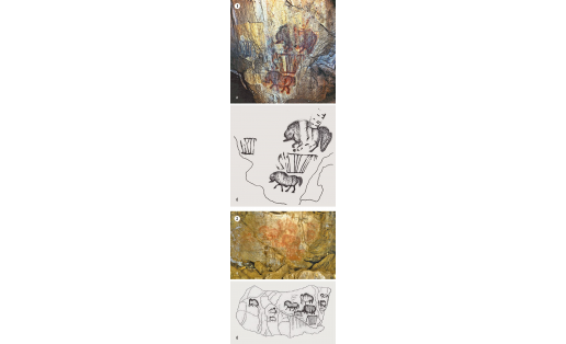 Шульган-Таш. Наскальные изображения  (а — фото, б — схематический рисунок): 1 — зал Хаоса; 2 — зал Рисунков