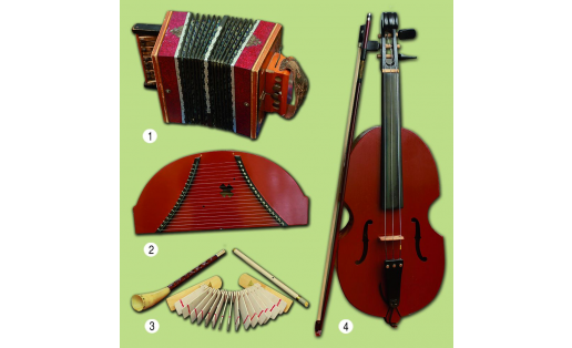 Удмуртские народные музыкальные инструменты: 1 — вятская гармоника; 2 — гусли; 3 — рожок; трещотка; 4 — скрипка