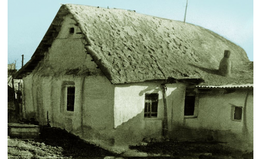 Саманный дом с 2‑скатной глиняной крышей (д.Воздвиженка Хайбуллинского р‑на, 1981).