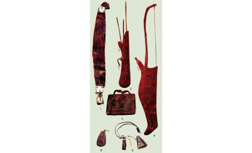 Кожаные изделия: 1 – подпруга; 2 – колчан; 3 – охотничья сумка (Рос. этногр. музей);  4 – налучье (МАЭ, СПб.); 5, 6 – сумочки для дроби и пистонов.