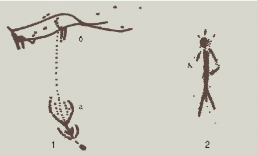 Игнатьевские писаницы: 1 — фрагмент рисунка с изображением женщины (а) и носорога (б), 2 — фигура мужчины