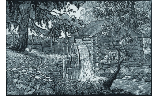 Ш.Г.Чанышев. Мельница на источнике. Линогравюра. 1963. БГХМ S.G.Chanyshev. A Mill at the Spring. Linocut. 1963. BSAM